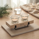 Portacandele decorativo con supporto in legno e ferro per 2 candele color legno vista ambiente principale