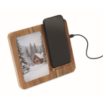 Caricatore wireless in legno con supporto per cellulare e cornice portafoto color legno