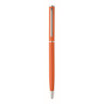 Penna a sfera in alluminio riciclato con clip cromata e inchiostro blu color arancione terza vista