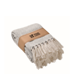 Coperta con frange in cotone riciclato presentata con nastro 400 g/m² color beige vista area di stampa