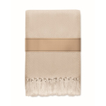 Coperta con frange in cotone riciclato presentata con nastro 400 g/m² color bianco/grigio seconda vista