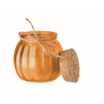 Portacandela in vetro con coperchio in sughero e candela profumata alla vaniglia color arancione terza vista