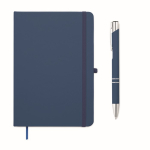 Set taccuino in PU formato A5 con penna a sfera blu e pagine a righe color blu