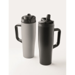 Bicchiere termico in acciaio inox riciclato antigoccia con manico e cannuccia 900 ml color nero nona vista