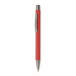 Penna a scatto in alluminio riciclato con finitura gommata e inchiostro blu color rosso