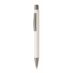 Penna a scatto in alluminio riciclato con finitura gommata e inchiostro blu color bianco