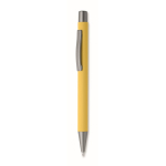 Penna a scatto in alluminio riciclato con finitura gommata e inchiostro blu color giallo