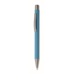 Penna a scatto in alluminio riciclato con finitura gommata e inchiostro blu color turchese