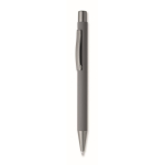 Penna a scatto in alluminio riciclato con finitura gommata e inchiostro blu color grigio scuro