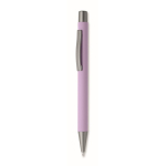 Penna a scatto in alluminio riciclato con finitura gommata e inchiostro blu color viola