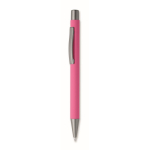 Penna a scatto in alluminio riciclato con finitura gommata e inchiostro blu color fucsia