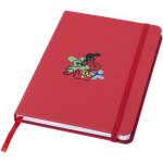 Taccuino A5 con chiusura elastica e nastro dello stesso colore, pagine puntinate color rosso vista con stampa tampografica