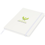 Taccuino A5 con chiusura elastica e nastro dello stesso colore, pagine puntinate color bianco vista con stampa tampografica