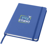 Taccuino A5 con chiusura elastica e nastro dello stesso colore, pagine puntinate color blu reale vista con stampa tampografica