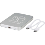 Power bank magnetica compatta con ricarica wireless 5.000 mAh color argento vista con logo stampato 2