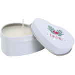 Candela in latta a forma di cuore al profumo di vaniglia 40g color bianco vista con stampa tampografica