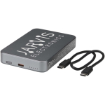 Caricatore portatile magnetico in alluminio riciclato 10.000 mAh color argento brillante vista con logo stampato 2