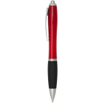 Penna a scatto in plastica riciclata con impugnatura morbida e inchiostro nero color rosso vista laterale