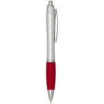 Penna a sfera in plastica riciclata a scatto con impugnatura morbida, inchiostro nero color rosso seconda vista con laterale