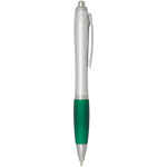 Penna a sfera in plastica riciclata a scatto con impugnatura morbida, inchiostro nero color verde seconda vista con laterale