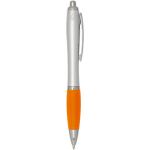 Penna a sfera in plastica riciclata a scatto con impugnatura morbida, inchiostro nero color arancione seconda vista con laterale