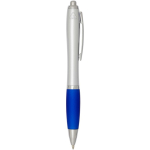 Penna a sfera in plastica riciclata a scatto con impugnatura morbida, inchiostro nero color blu reale seconda vista con laterale