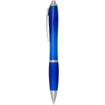 Penna a scatto in plastica riciclata con impugnatura, inchiostro nero color blu reale vista laterale