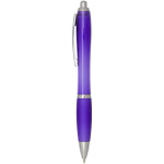 Penna a scatto in plastica riciclata con impugnatura, inchiostro nero color viola vista laterale