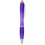 Penna a scatto in plastica riciclata con impugnatura, inchiostro nero color viola seconda vista con laterale