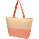Borsa in carta paglia intrecciata con cerniera e base, capacità 21L color mogano