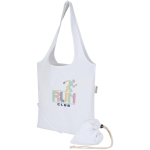 Borsa tote pieghevole con cordoncino in cotone riciclato 140 g/m2 color bianco