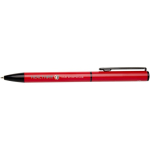 Penna in alluminio riciclato con meccanismo girevole e inchiostro blu color rosso vista con stampa tampografica