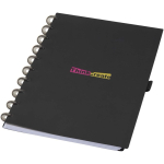 Agenda con copertina in pelle sintetica e rilegatura a dischi color nero vista con stampa tampografica
