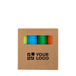 Set di mini evidenziatori fluorescenti 4 colori in scatola kraft vista area di stampa