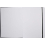 Quaderno A4 con copertina rigida, chiusura elastica e similpelle, pagine a righe color nero terza vista frontale