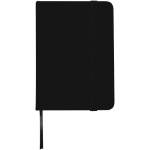 Taccuino A7 con copertina rigida in similpelle, chiusura elastica e pagine a righe color nero seconda vista frontale