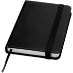 Taccuino A7 con copertina rigida in similpelle, chiusura elastica e pagine a righe color nero