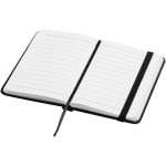 Taccuino A7 con copertina rigida in similpelle, chiusura elastica e pagine a righe color nero seconda vista