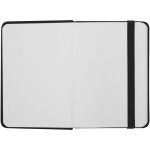 Taccuino A7 con copertina rigida in similpelle, chiusura elastica e pagine a righe color nero terza vista frontale