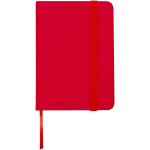 Taccuino A7 con copertina rigida in similpelle, chiusura elastica e pagine a righe color rosso seconda vista frontale