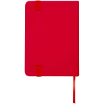 Taccuino A7 con copertina rigida in similpelle, chiusura elastica e pagine a righe color rosso seconda vista posteriore