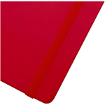 Taccuino A7 con copertina rigida in similpelle, chiusura elastica e pagine a righe color rosso vista dettaglio 1