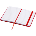 Taccuino A7 con copertina rigida in similpelle, chiusura elastica e pagine a righe color rosso seconda vista