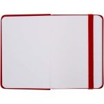 Taccuino A7 con copertina rigida in similpelle, chiusura elastica e pagine a righe color rosso terza vista frontale