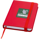 Taccuino A7 con copertina rigida in similpelle, chiusura elastica e pagine a righe color rosso vista con stampa tampografica