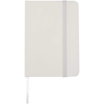 Taccuino A7 con copertina rigida in similpelle, chiusura elastica e pagine a righe color bianco seconda vista frontale