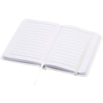 Taccuino A7 con copertina rigida in similpelle, chiusura elastica e pagine a righe color bianco seconda vista