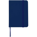 Taccuino A7 con copertina rigida in similpelle, chiusura elastica e pagine a righe color blu mare seconda vista frontale