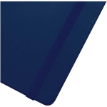 Taccuino A7 con copertina rigida in similpelle, chiusura elastica e pagine a righe color blu mare vista dettaglio 1