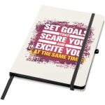 Taccuino A5 con copertina rigida, chiusura elastica e finitura morbida al tatto, pagine a righe color nero